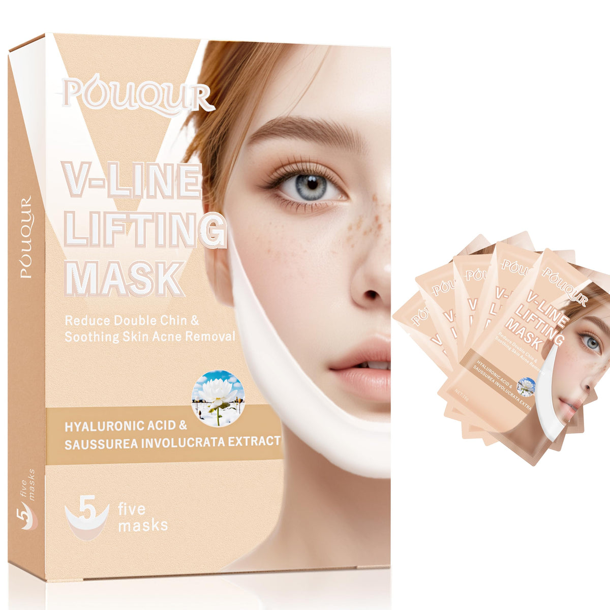 POUQUR 5PCS V Line Lifting Mask Double Chin Reducer Chin Mask Strap for WomenFace Slimmer | Nicotinamide Collagen Hydrogel Face Tape With Saussurea & Aloe Vera.Pigment-free & Paraben Free.